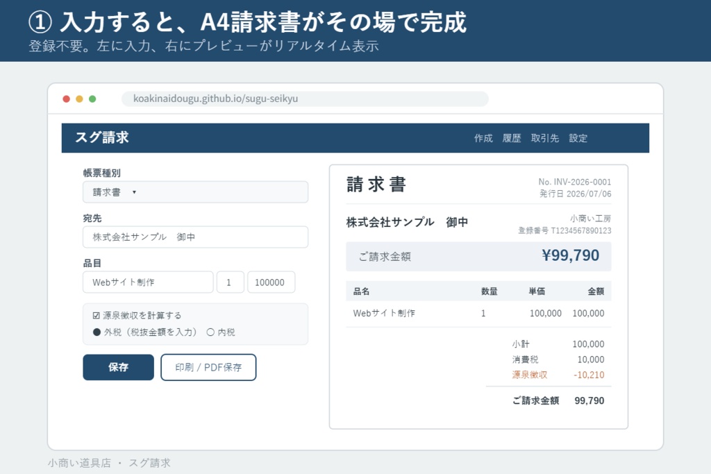 フリーランスの請求書を最速で|源泉・インボイス対応 スグ請求 Proコード