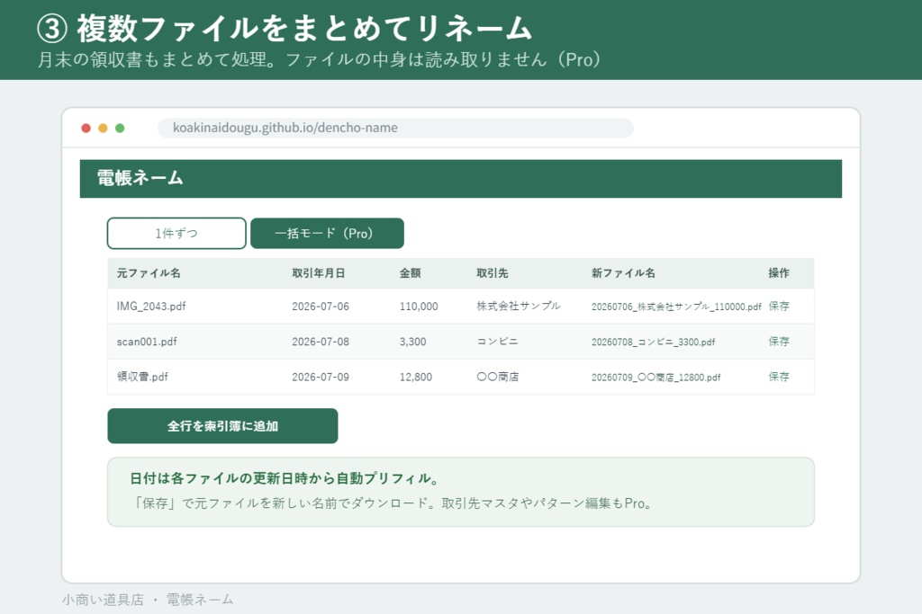 電子帳簿保存法のファイル名&索引簿ツール「電帳ネーム」Pro