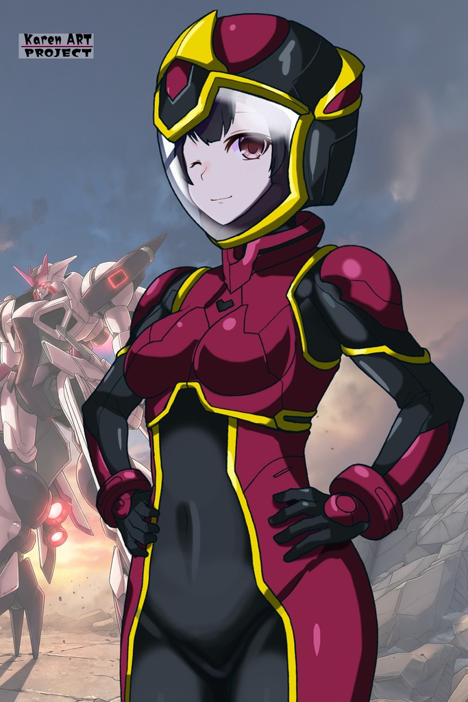 カレンちゃん+ヒナ・リャザンのパイロットスーツ【バディ・コンプレックス-02】 斜め前 Diagonal front angle Karen is wearing Hina Ryazan's PilotSuit【Buddy Complex-02】