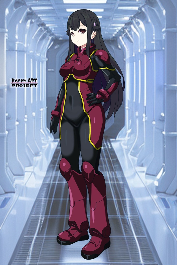 カレンちゃん+ヒナ・リャザンのパイロットスーツ【バディ・コンプレックス-02】 斜め前 Diagonal front angle Karen is wearing Hina Ryazan's PilotSuit【Buddy Complex-02】