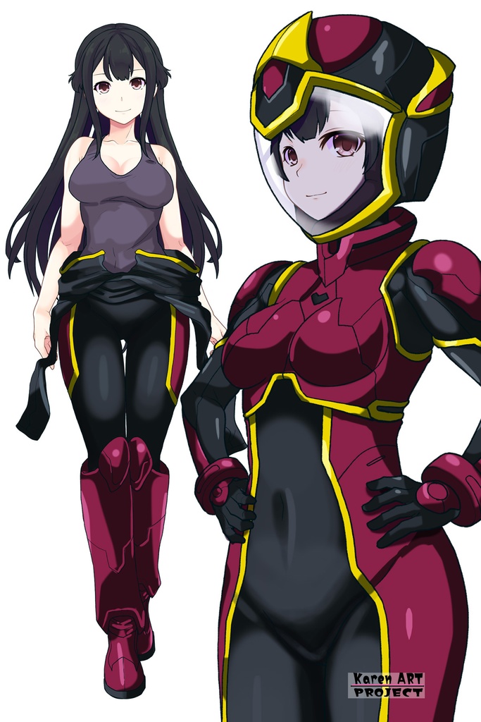 カレンちゃん+ヒナ・リャザンのパイロットスーツ【バディ・コンプレックス-02】 斜め前 Diagonal front angle Karen is wearing Hina Ryazan's PilotSuit【Buddy Complex-02】