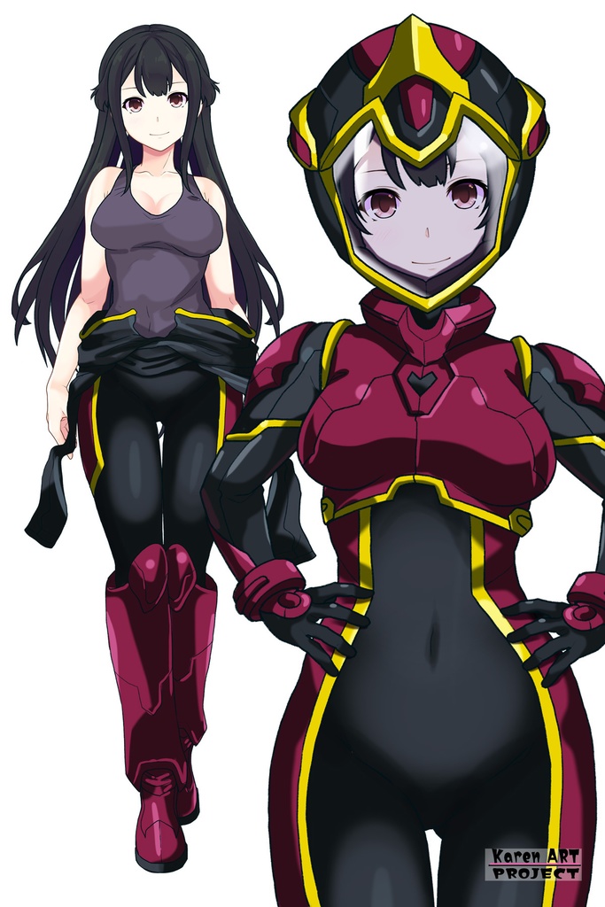 カレンちゃん+ヒナ・リャザンのパイロットスーツ【バディ・コンプレックス-04】 正面Sポーズ Front S-POSE Karen is wearing Hina Ryazan's PilotSuit【Buddy Complex-04】