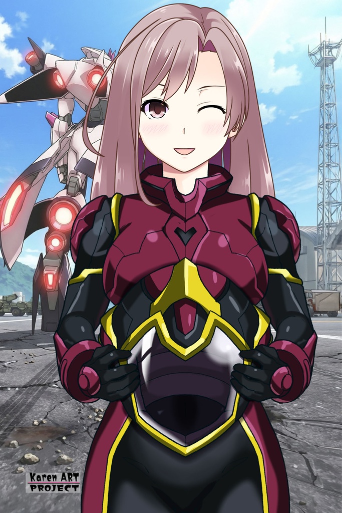 カレンちゃん+ヒナ・リャザンのパイロットスーツ【バディ・コンプレックス-KH05】 Karen Original HairStyle Version 正面 Front Angle Karen is wearing Hina Ryazan's PilotSuit【Buddy Complex-KH05】