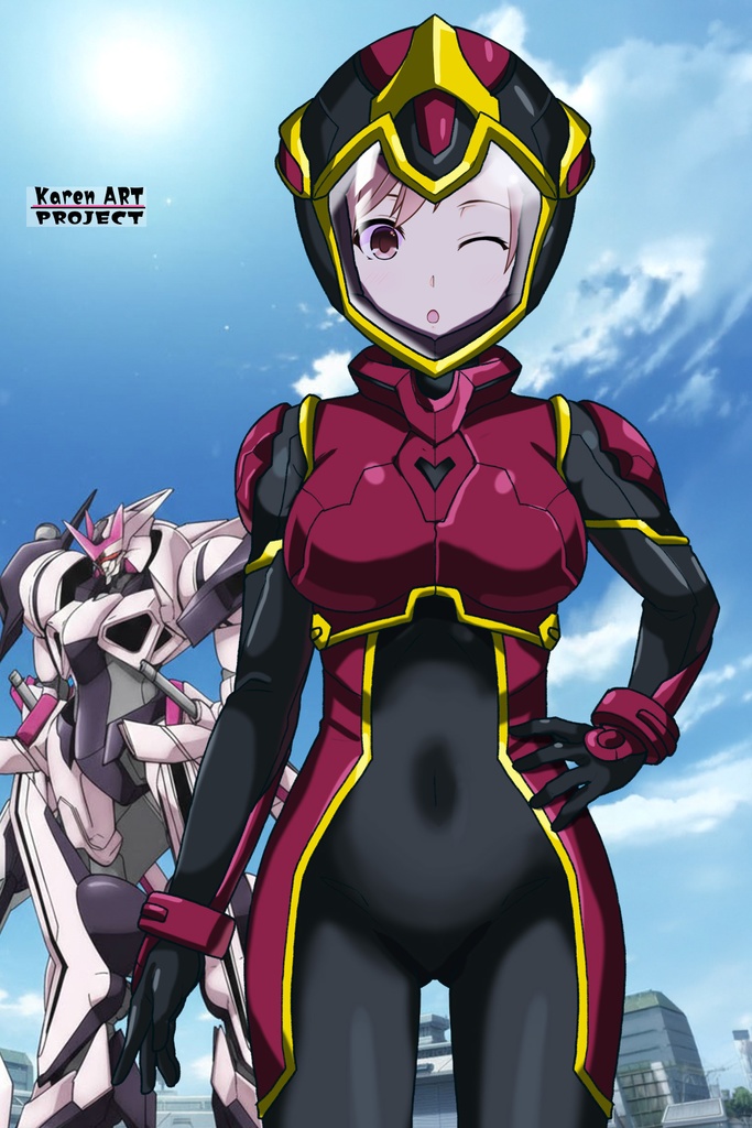 カレンちゃん+ヒナ・リャザンのパイロットスーツ【バディ・コンプレックス-KH05】 Karen Original HairStyle Version 正面 Front Angle Karen is wearing Hina Ryazan's PilotSuit【Buddy Complex-KH05】