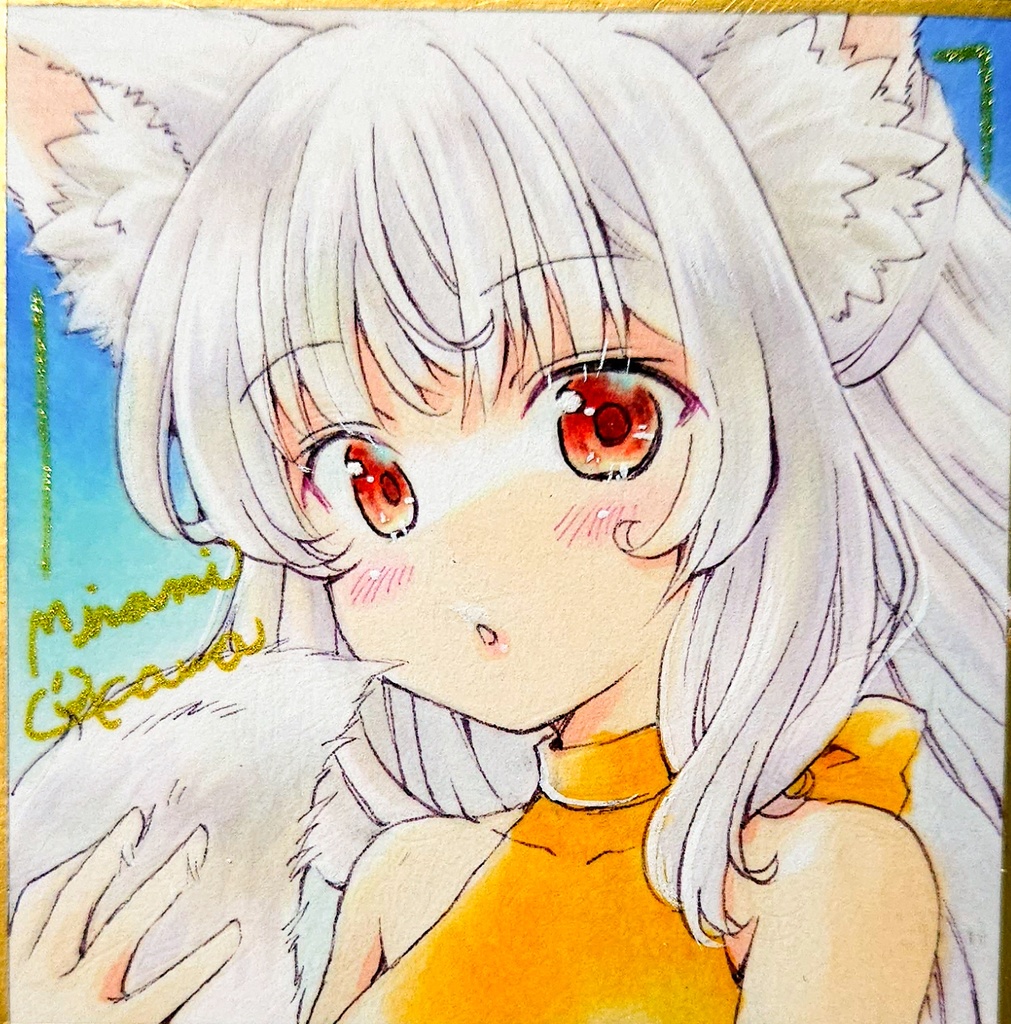 きつねちゃん水着🐺　直筆イラストミニ色紙(7.５センチ×7.５センチ)