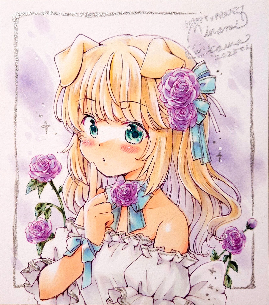 お花と耳っこちゃん🦊🐻🐱🐶　直筆イラスト1／4サイズ色紙