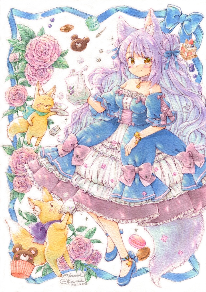 ティータイムきつねちゃん🦊　額装直筆イラスト