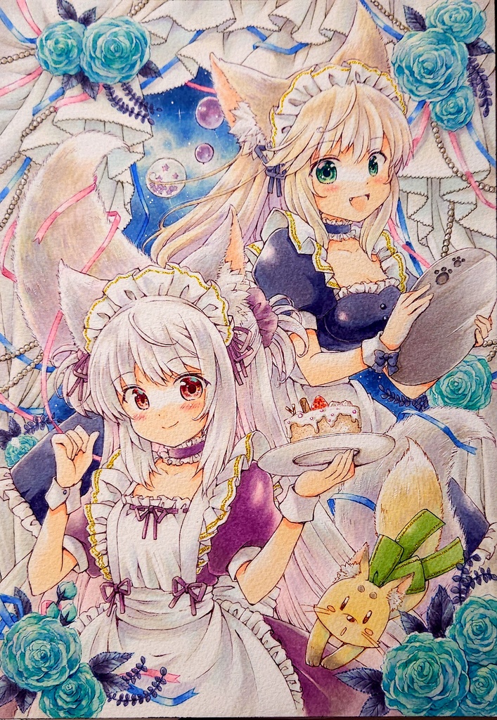 ポストカード➃メイドきつねさんズとティータイム♪