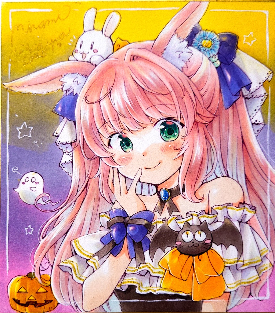 ハロウィン耳っこちゃん🦊🐱🐶🐰 直筆イラスト1/4サイズ色紙
