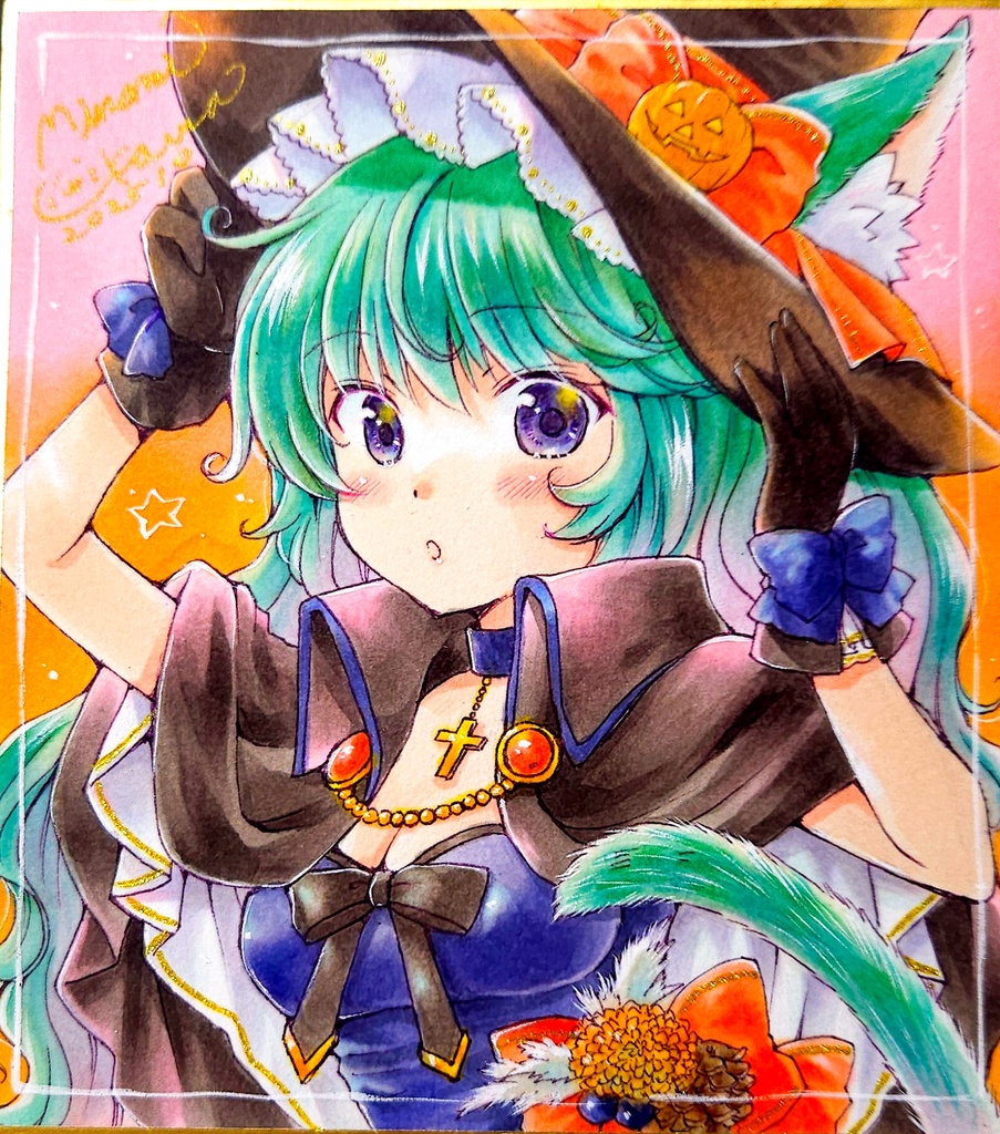 ハロウィン耳っこちゃん🦊🐱🐶🐰 直筆イラスト1/4サイズ色紙