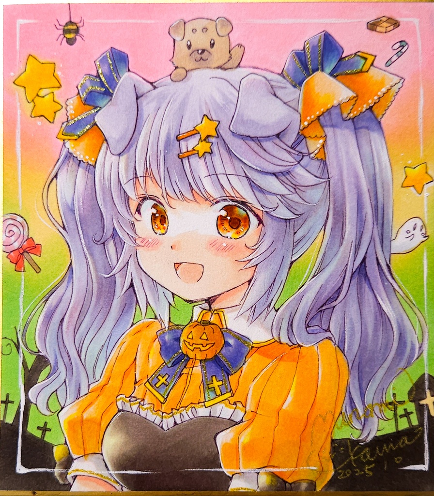 ハロウィン耳っこちゃん🦊🐱🐶🐰 直筆イラスト1/4サイズ色紙