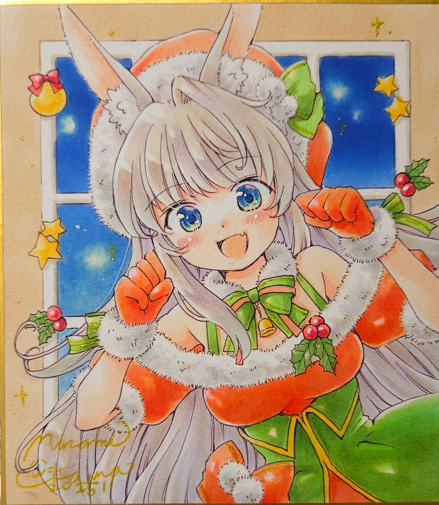 クリスマス耳っこちゃん🦊🐻🐱🐰 直筆イラスト1/4サイズ色紙