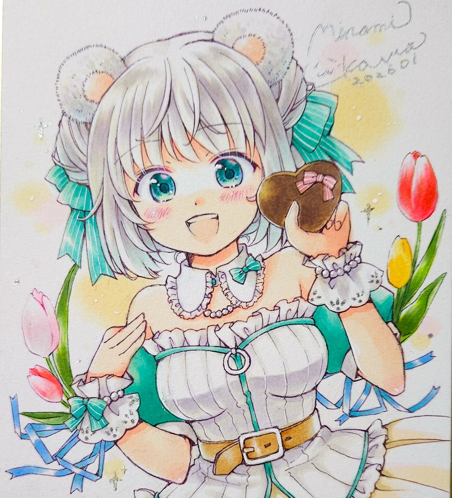 バレンタイン耳っ子ちゃん🦊🐰🐱🐻直筆イラスト1/4サイズ色紙