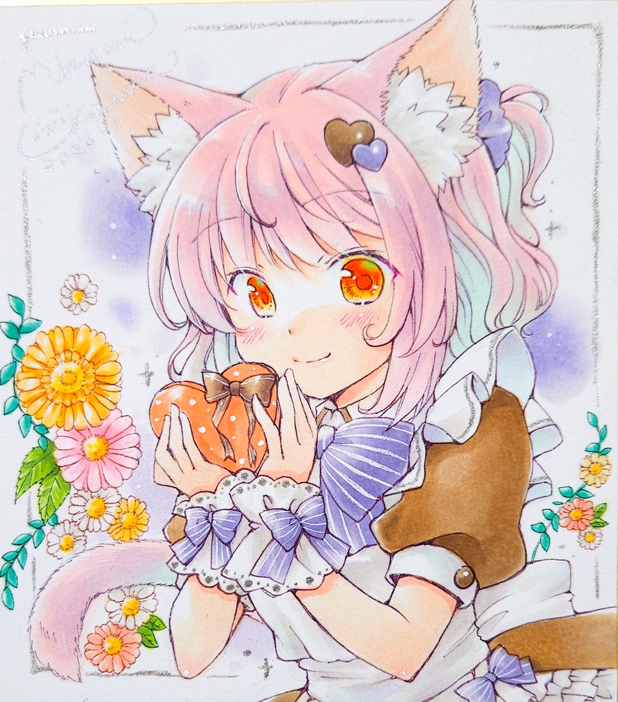 バレンタイン耳っ子ちゃん🦊🐰🐱🐻直筆イラスト1/4サイズ色紙