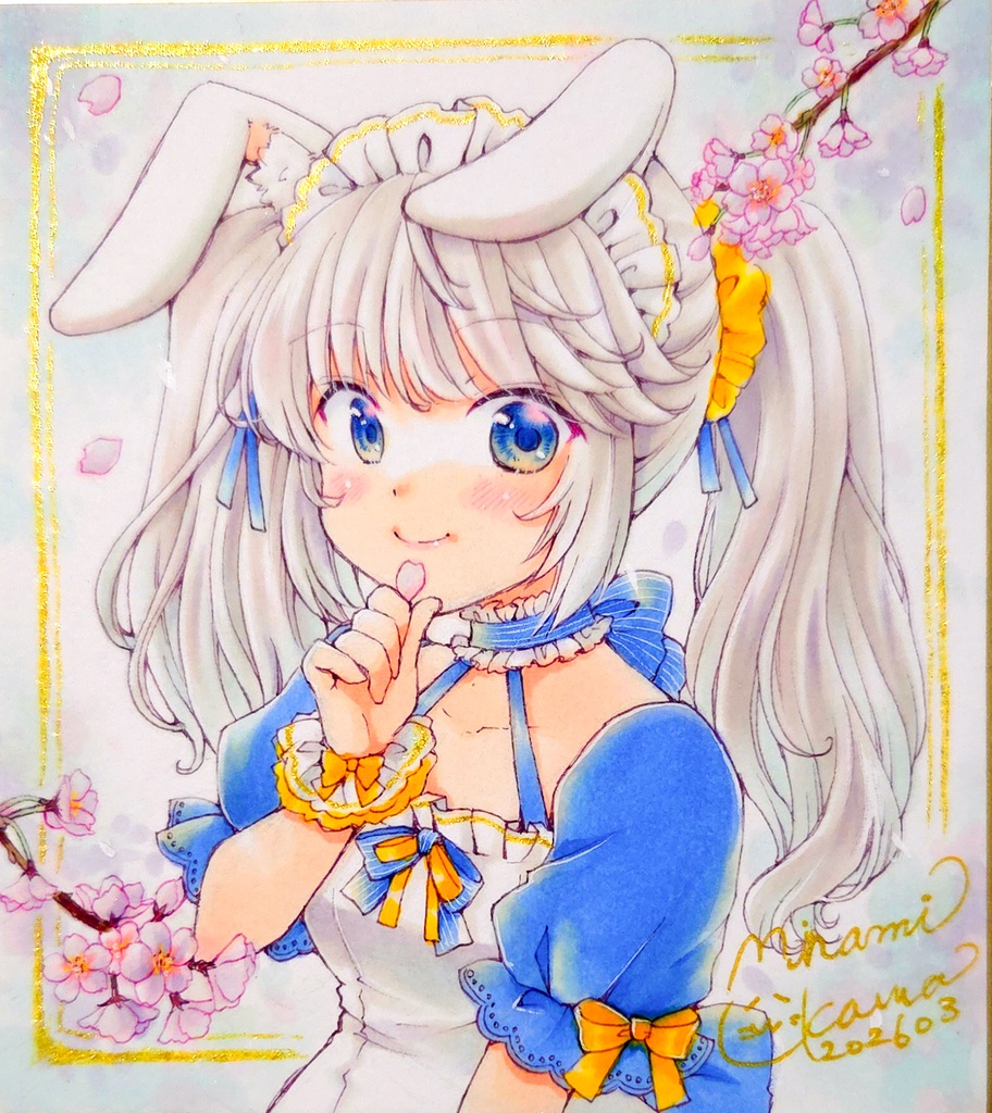 耳っ子ちゃんと桜 🦊🐻🐰🐱🌸 直筆イラスト 1/4サイズ色紙