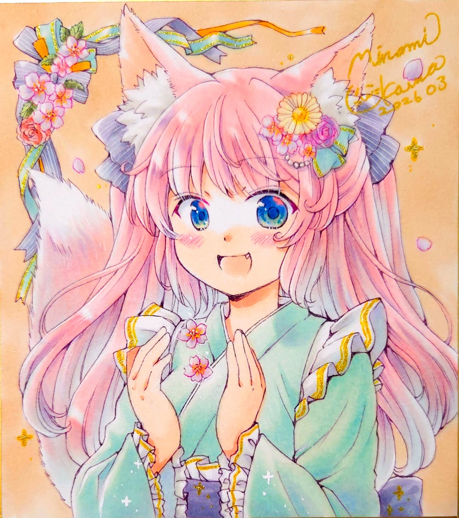 耳っ子ちゃんと桜　🦊🐻🐰🐱🌸　直筆イラスト　1／4サイズ色紙