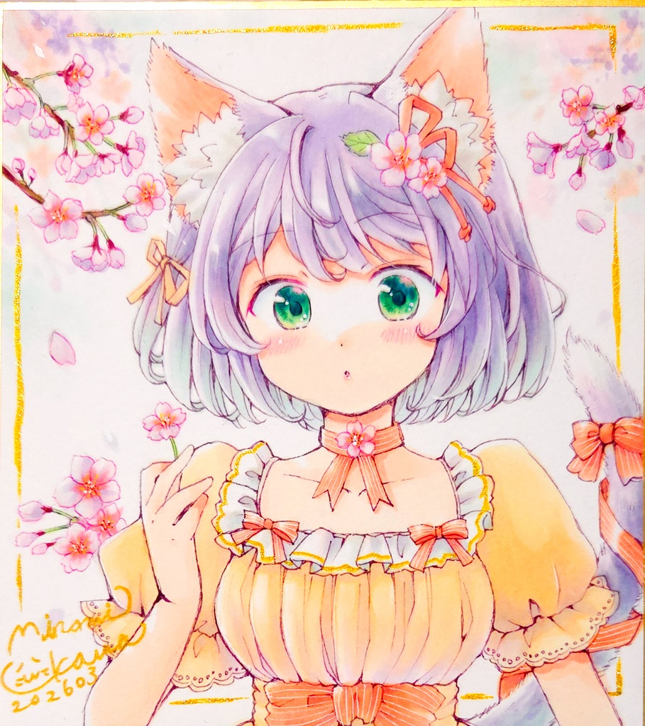耳っ子ちゃんと桜 🦊🐻🐰🐱🌸 直筆イラスト 1/4サイズ色紙