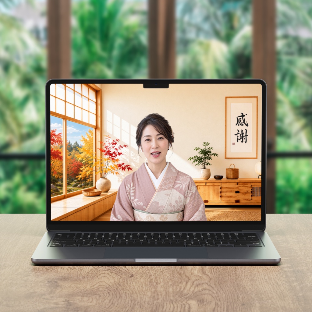 【3枚セット】和モダン Web会議用バーチャル背景|秋・紅葉・感謝の筆文字|朝・夕暮れ・夜|Zoom・Teams対応