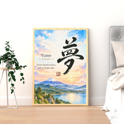 夢の筆文字アート|富士山と朝の光の和風ポスター【印刷用PDF・4サイズ】