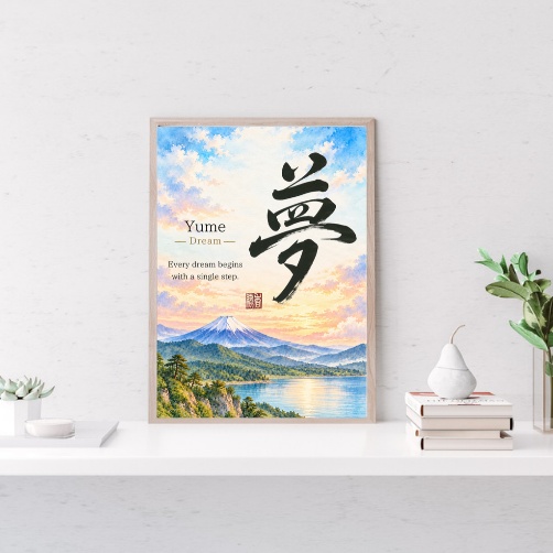 夢の筆文字アート|富士山と朝の光の和風ポスター【印刷用PDF・4サイズ】