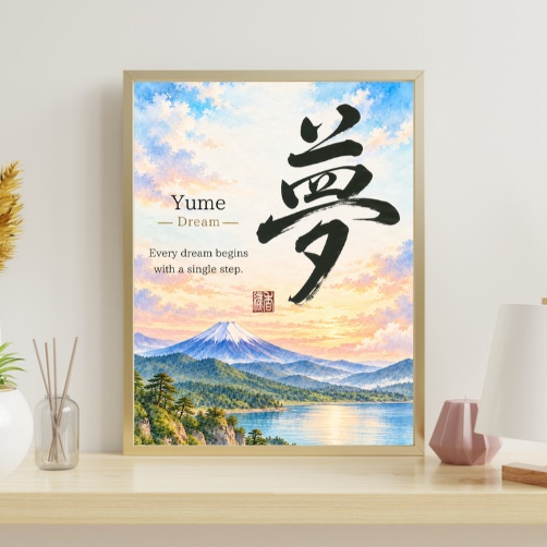 夢の筆文字アート|富士山と朝の光の和風ポスター【印刷用PDF・4サイズ】