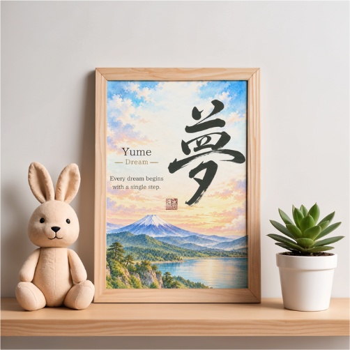 夢の筆文字アート|富士山と朝の光の和風ポスター【印刷用PDF・4サイズ】