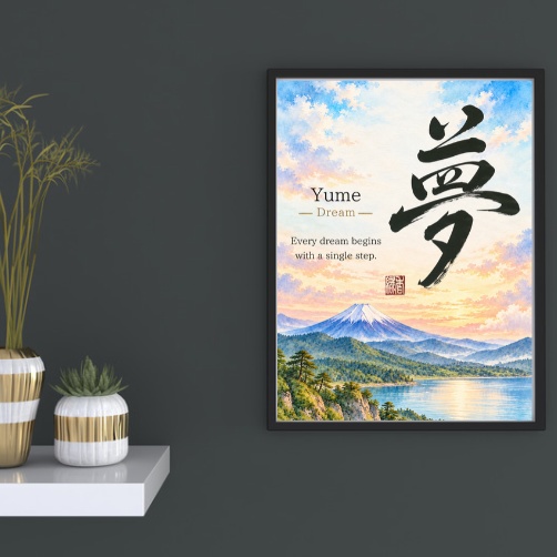 夢の筆文字アート|富士山と朝の光の和風ポスター【印刷用PDF・4サイズ】