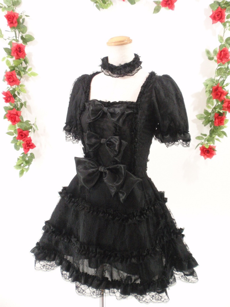 【パラメータ調整不要】フリルワンピースリボンたっぷりチョーカー付きシースルーサマードレス