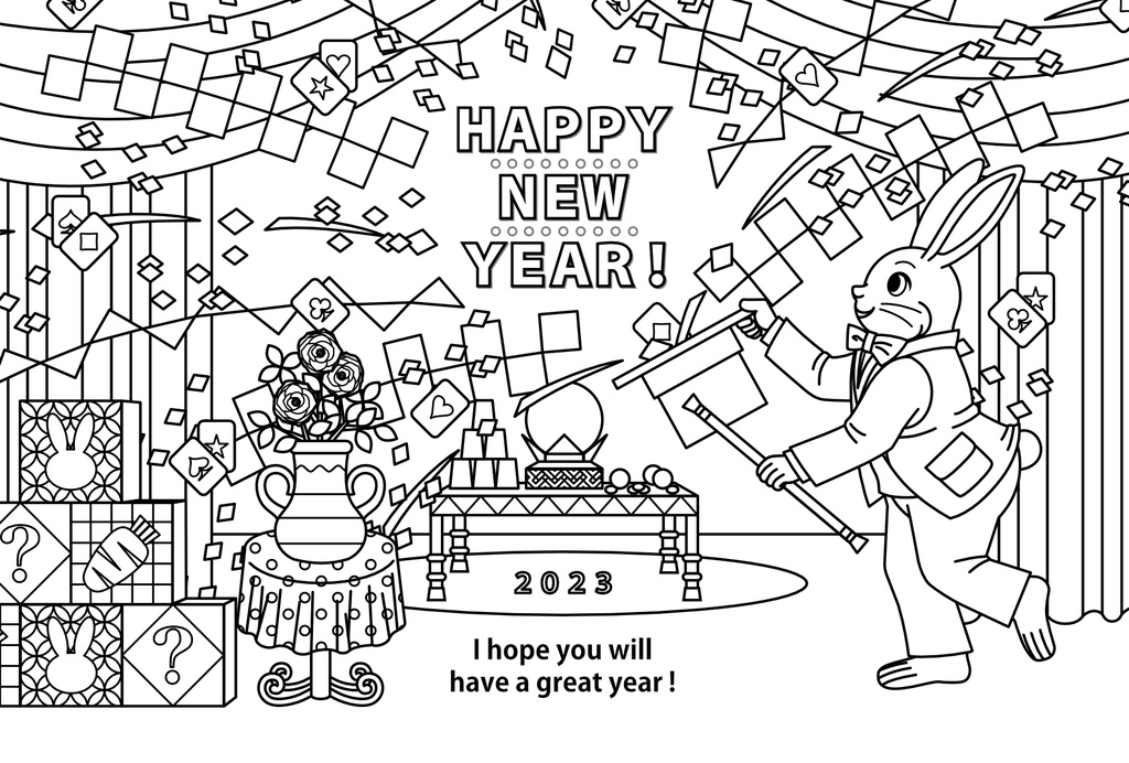 【無料】卯年イラスト年賀状デザイン「うさぎマジシャン」HAPPY NEW YEAR