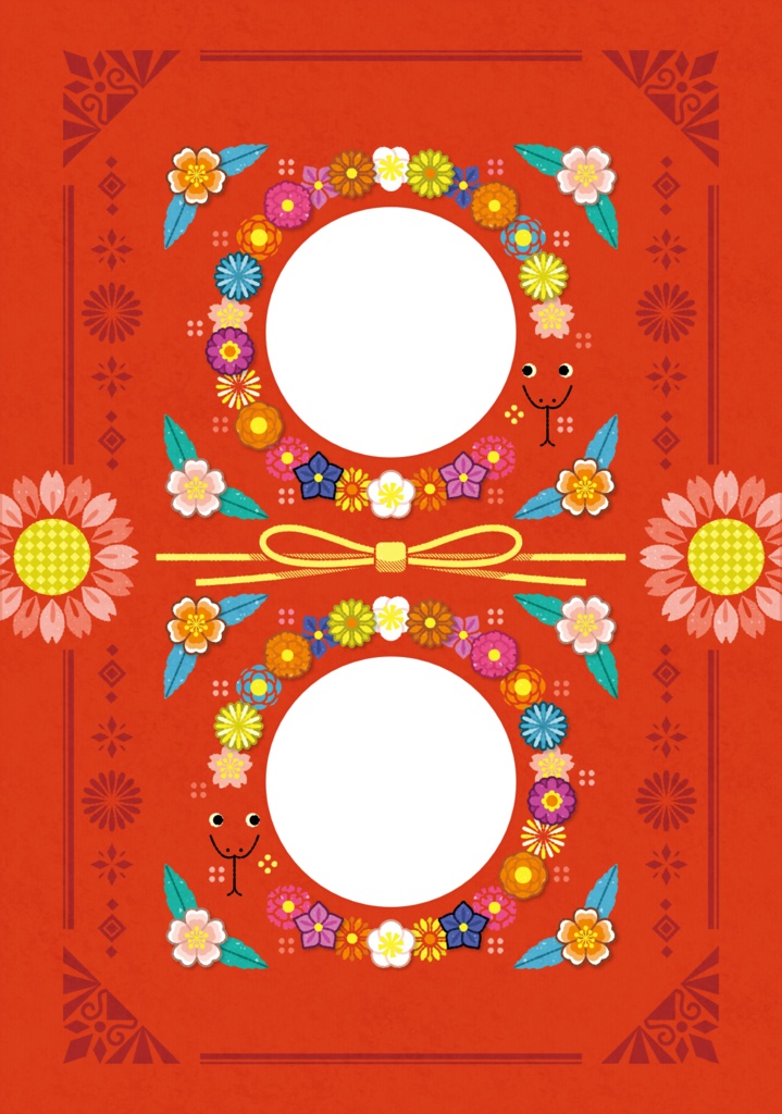【無料】巳年イラスト年賀状デザイン「華やか鮮やか花輪蛇写真フレーム」HAPPY NEW YEAR