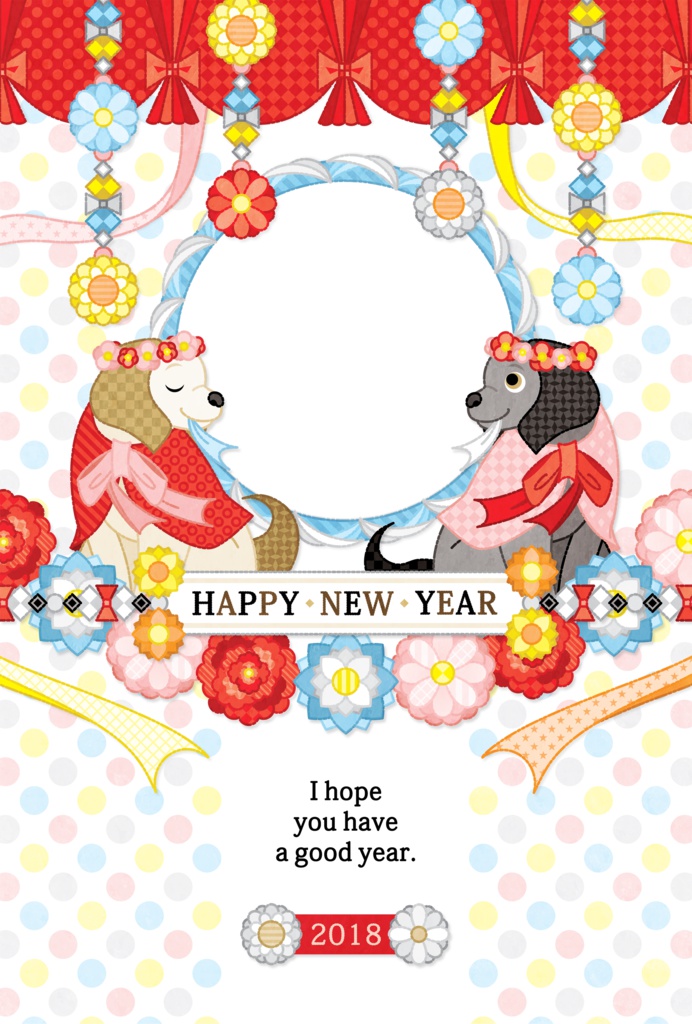 2018年戌年完成年賀状無料テンプレート(FLORAL DOG HAPPY NEW YEAR)一般&写真フレーム年賀状