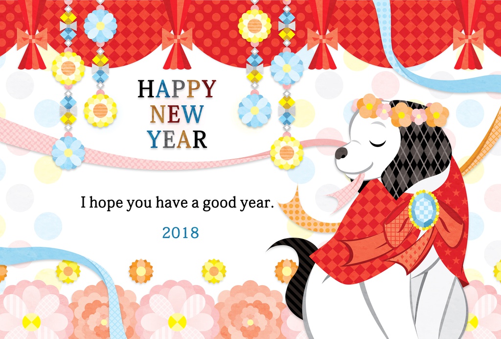 2018年戌年完成年賀状無料テンプレート（FLORAL DOG HAPPY NEW YEAR）一般＆写真フレーム年賀状