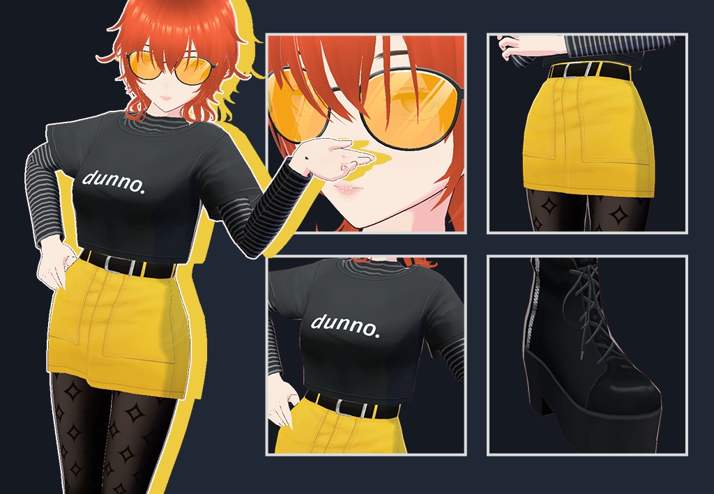 [VROID] Women's complete emo outfit | Skirt+shirt+boots+glasses+pantyhose | Textures for VRoid