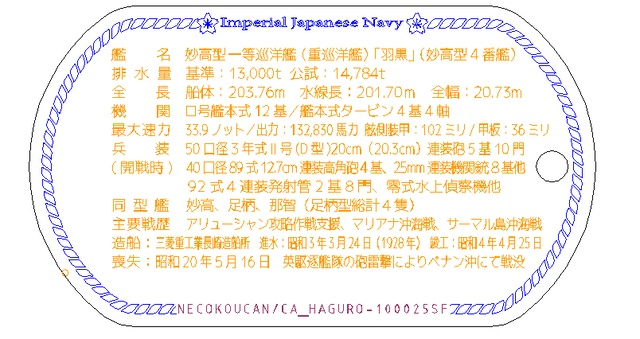 羽黒(妙高型重巡)ドックタグ・アクセサリー/グッズ