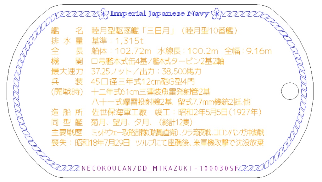 三日月(睦月型駆逐艦)ステンレス製ドックタグ