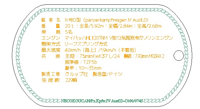 Ⅳ号D型中戦車(ドイツ中戦車)ステンレス製ドックタグ