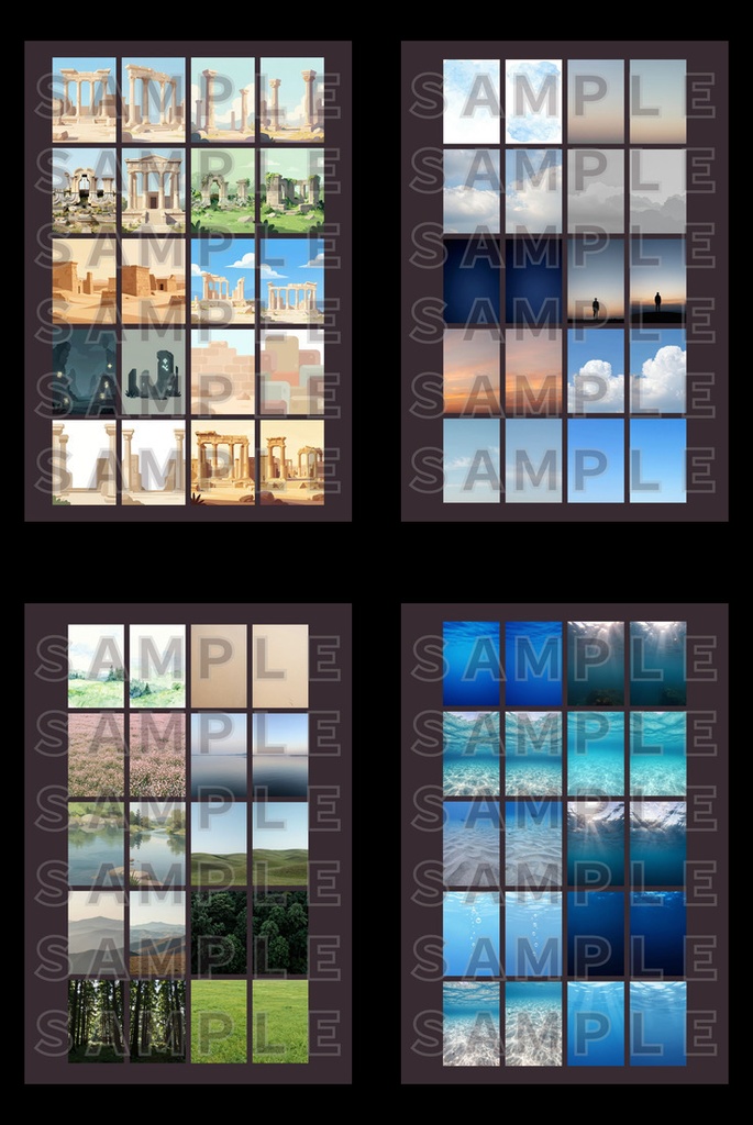 幻想風景背景20枚セット×４セット｜水中・自然・遺跡・空｜縦長・SNS用・スマホ壁紙対応（商用利用OK