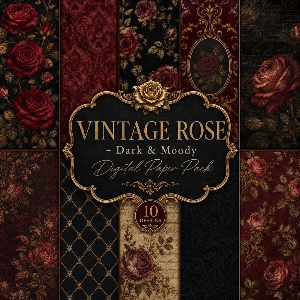 【究極の10枚】漆黒に浮かぶアンティーク・ローズ - 高級デジタルペーパー10枚セット / Vintage Rose Digital Paper Packouch