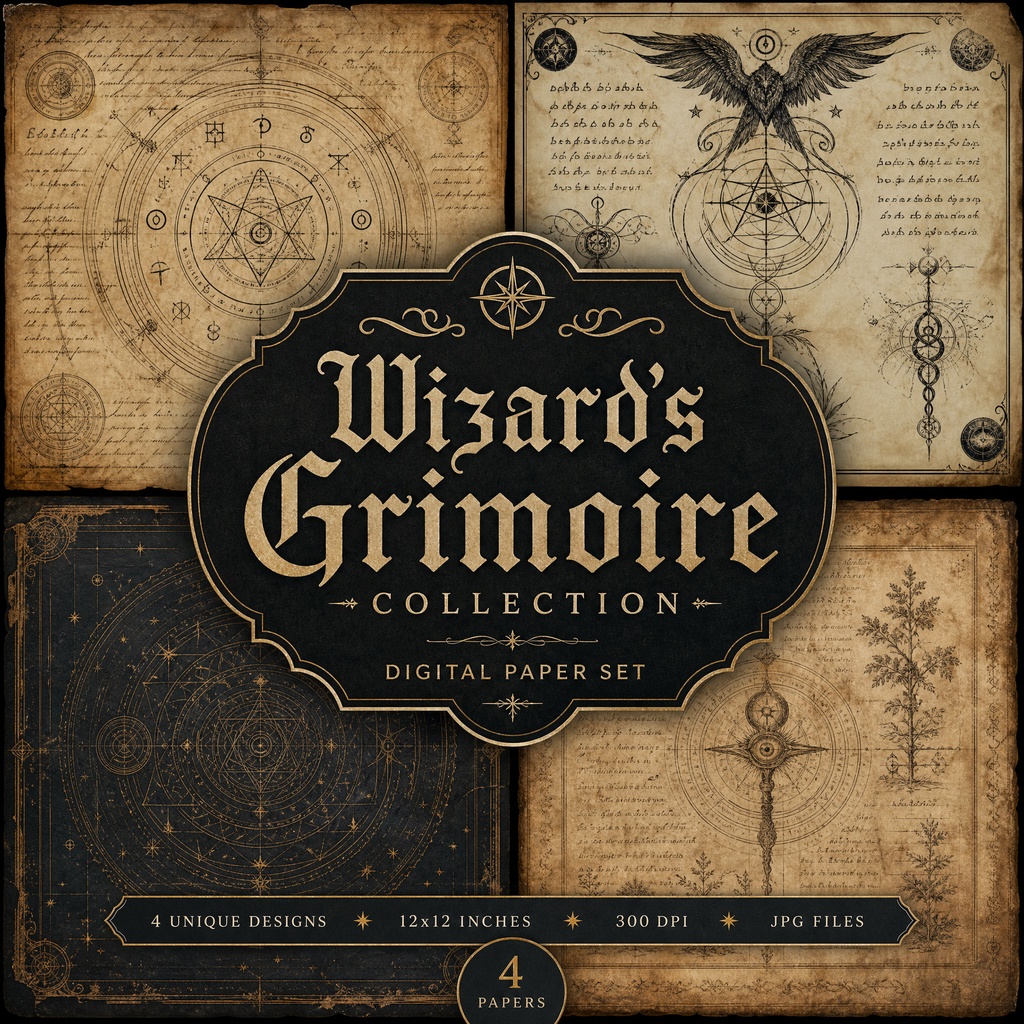 【魔導師の書】古びた魔法の羊皮紙 - 高級デジタルペーパー10枚セット / Wizard's Grimoire Digital Paper Packouch