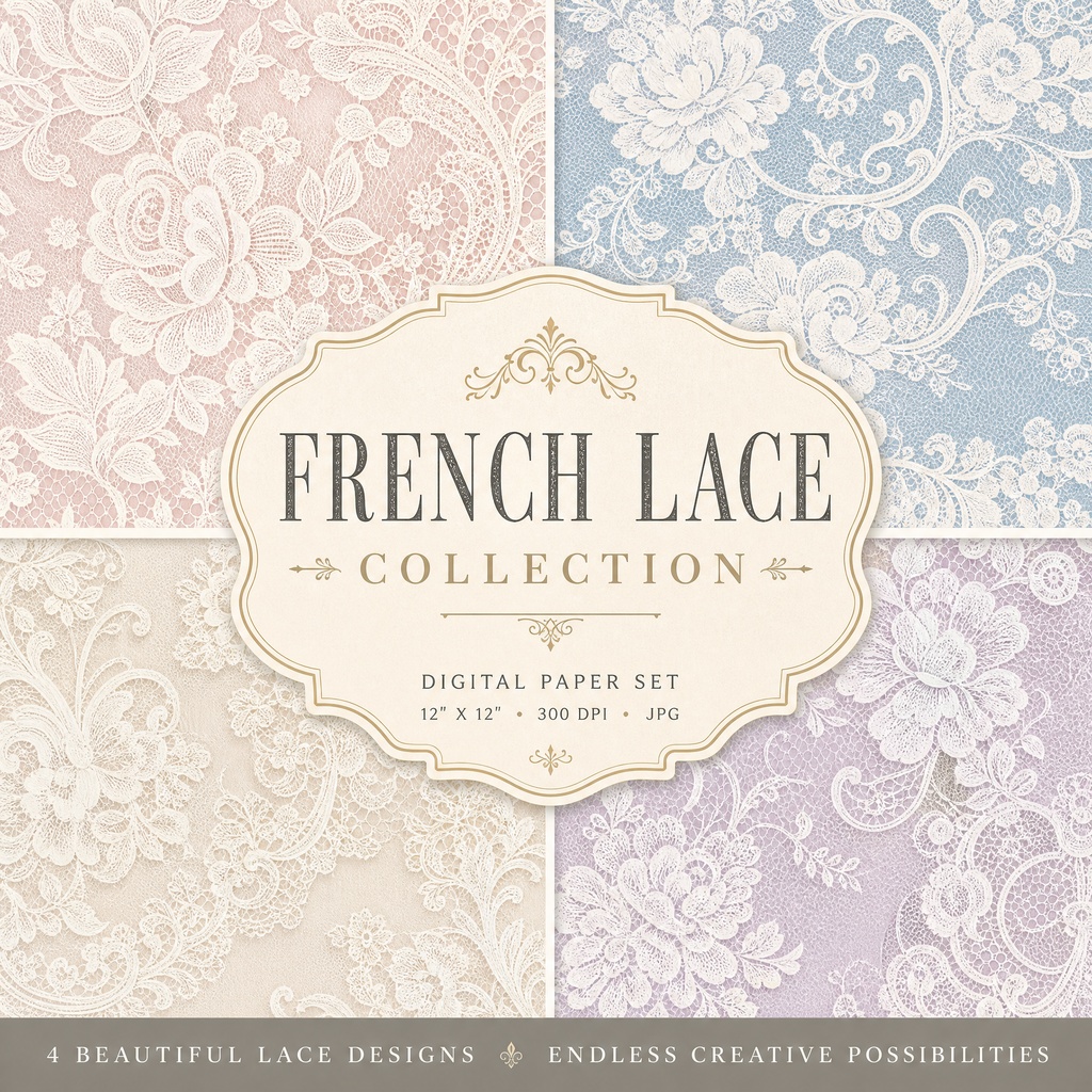 【貴婦人の休息】アンティーク・フレンチレース - 高級デジタルペーパー10枚セット / Antique French Lace Digital Paper Packouch