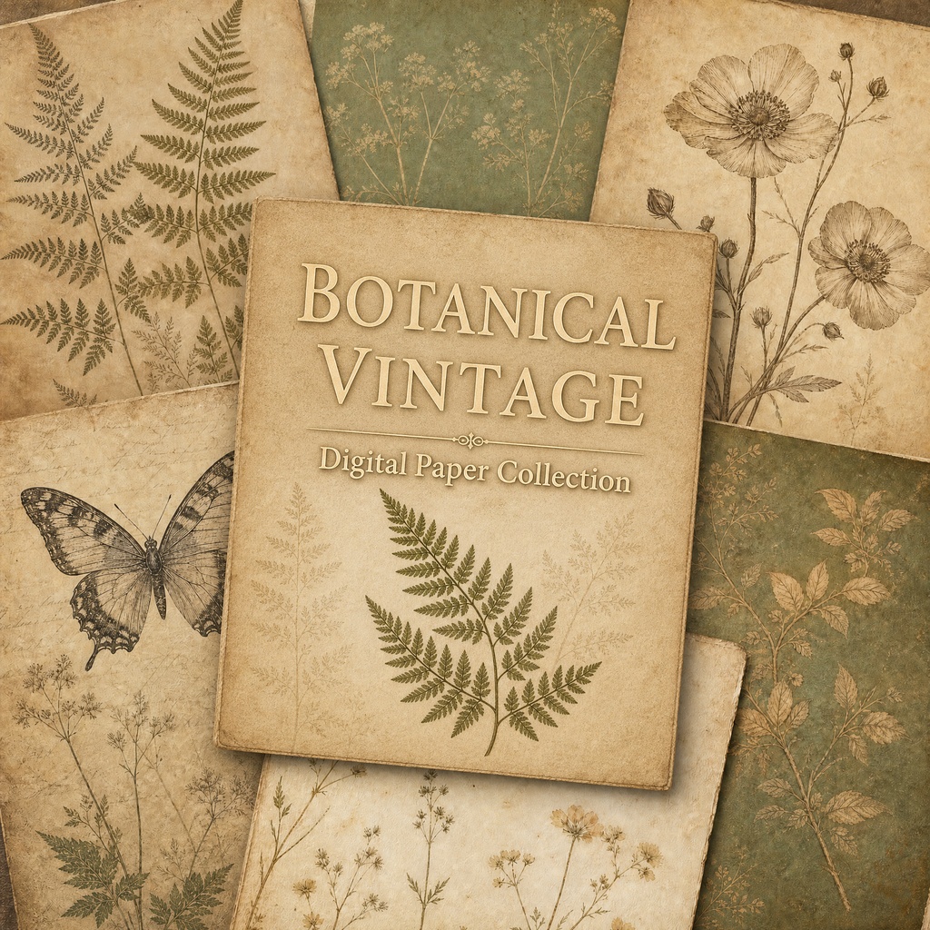 【Botanical Vintage】植物標本風アンティーク背景 - 高級デジタルペーパー10枚セット / Botanical Vintage Digital Paper Packouch
