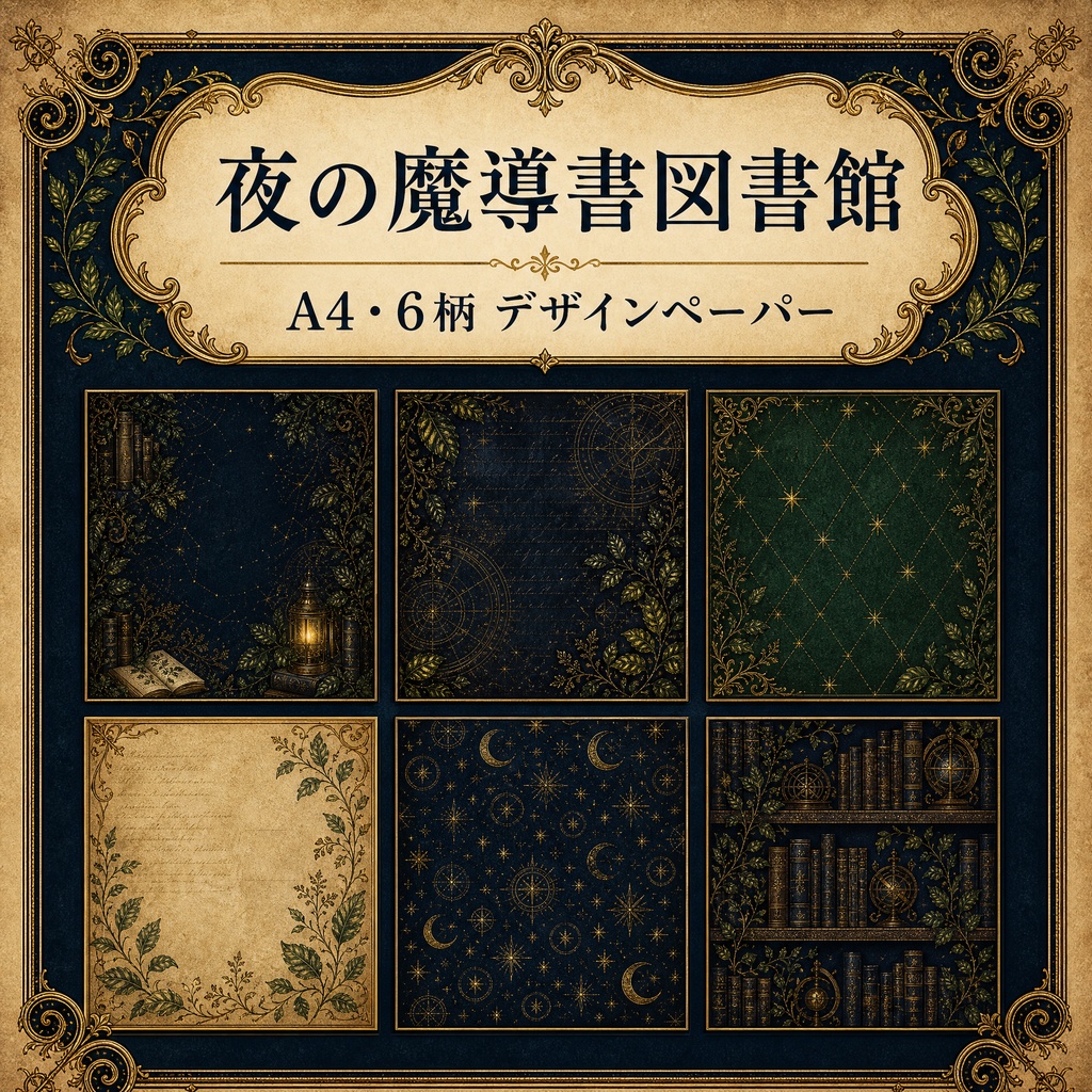 【A4・6柄】夜の魔導書図書館 デザインペーパー｜ダークアカデミア・コラージュ素材