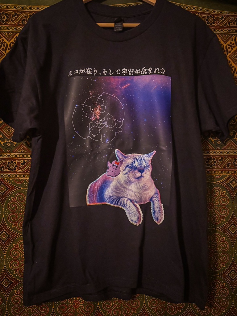 宇宙ネコ　ぴんくチャンをなぞる　Tシャツ