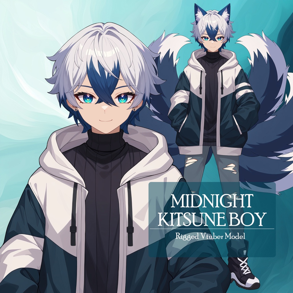 【Live2D】Midnight Kitsune Boy, Premade Live2D Male Vtuber, Rigged Vtuber Model, Instant Download, Commercial Use