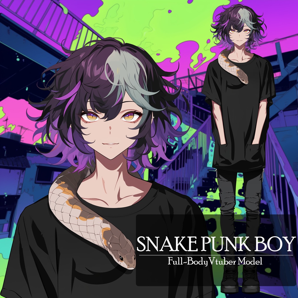 【Live2D】Premade Vtuber Model: Snake Punk Boy, Live2D Male Vtuber, Rigged Vtuber Model,PNGTuber,Cute, Kawaii,Chibi, Instant Download, Commericial Use