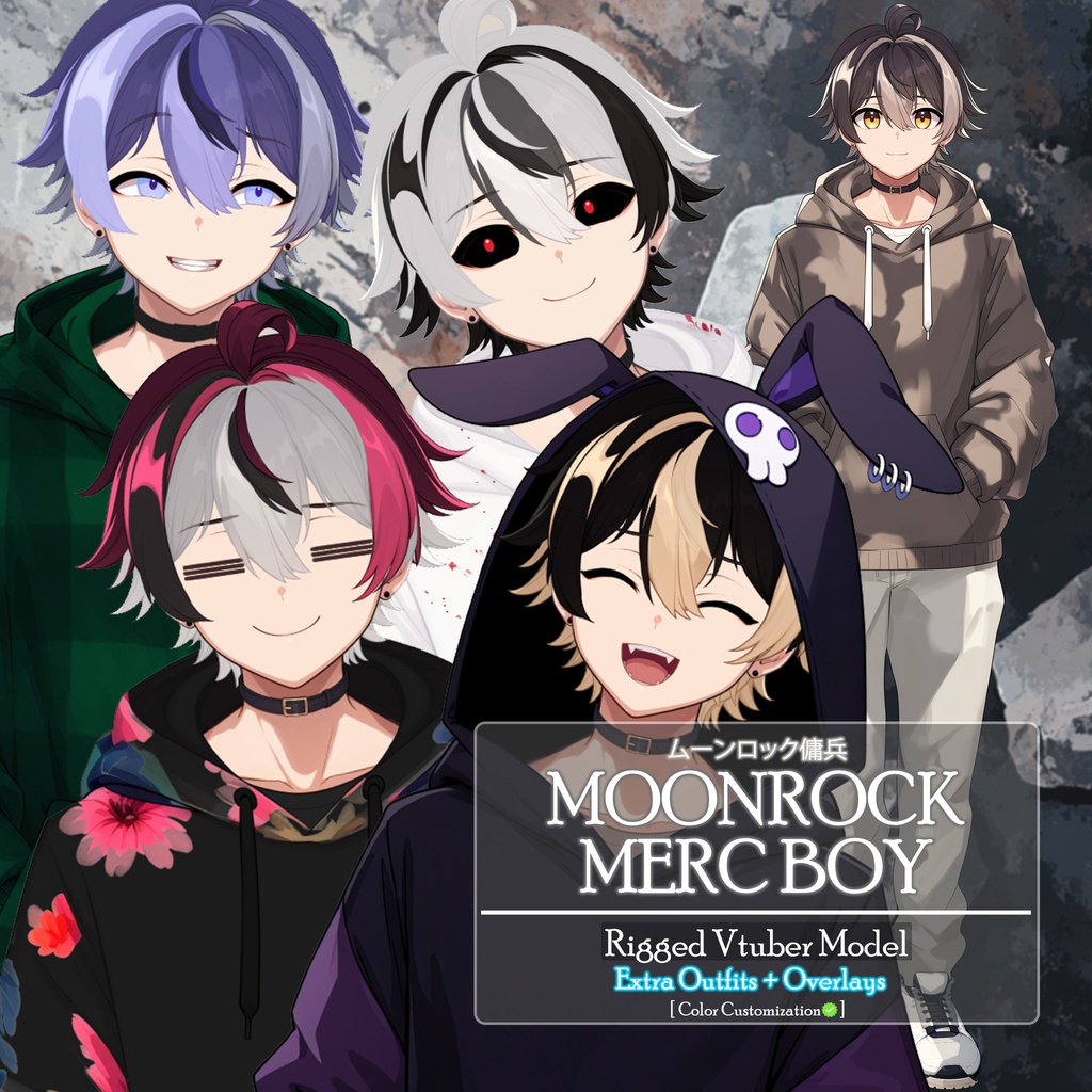 【Live2D】Moonrock Merc Boy With Additional Hoodie Outfit Toggles, Premade Live2D Male Vtuber, Rigged Customizable Vtuber Model, Instant Download, Commercial Use