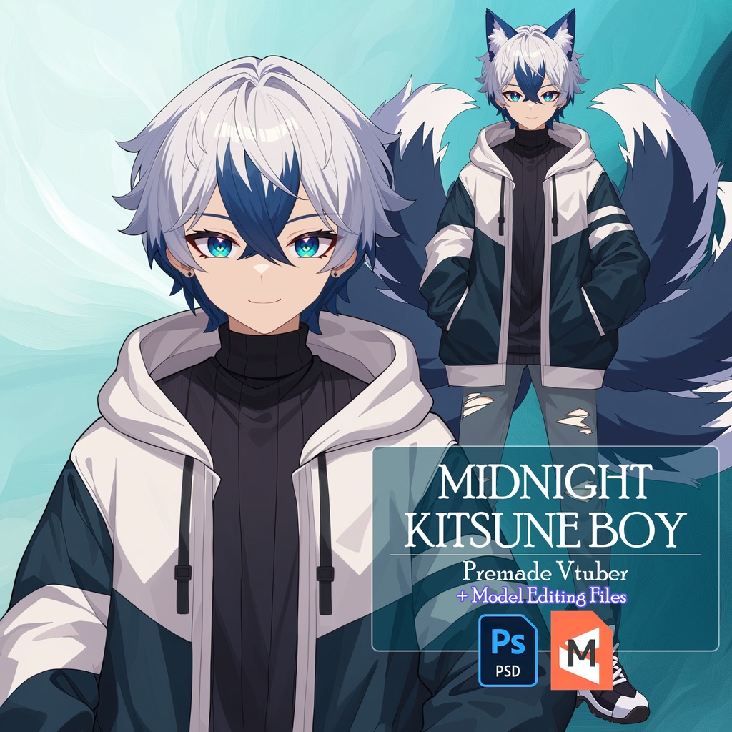 【Live2D】Model Editing Files For Vtuber: Midnight Kitsune Boy, Premade Live2D Male Vtuber, ,Rigged Vtuber Model, Instant Download, Commercial Use