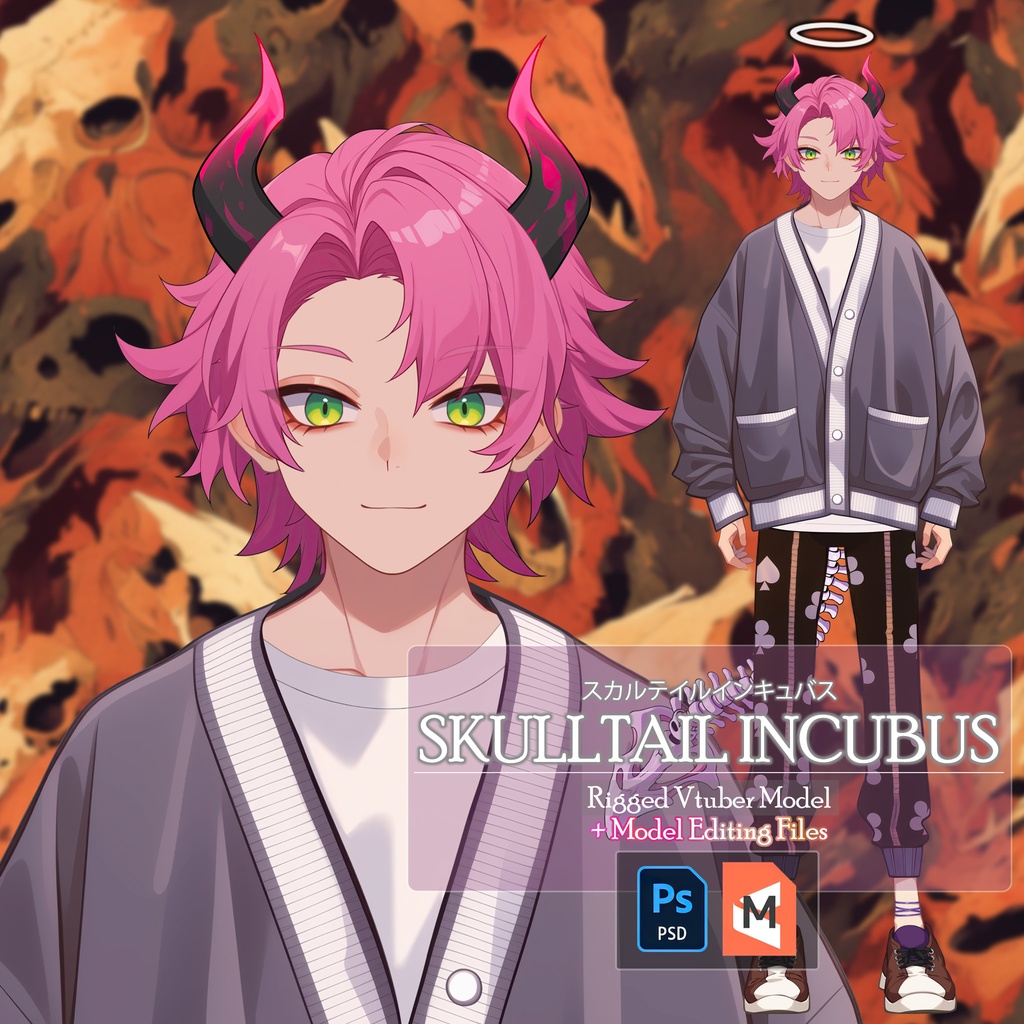 【Live2D】Model Editing Files For Vtuber: SKULLTAIL INCUBUS, Live2D Premade Male Vtuber Model,PNGTuber,Cute, Fox,Cat,Chibi,Demon,Oni,Male Succubus,Furry,Rigged,Instant Download,Commercial Use