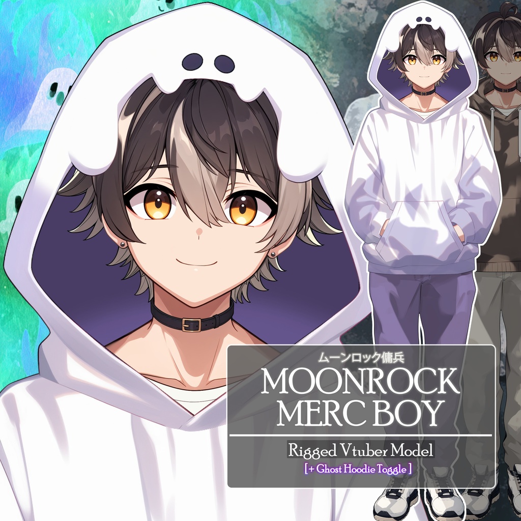 【Live2D】Moonrock Merc Boy Plus Ghost Hoodie Outfit, Premade Live2D Male Vtuber, Rigged Vtuber Model, Instant Download, Free Commercial Use