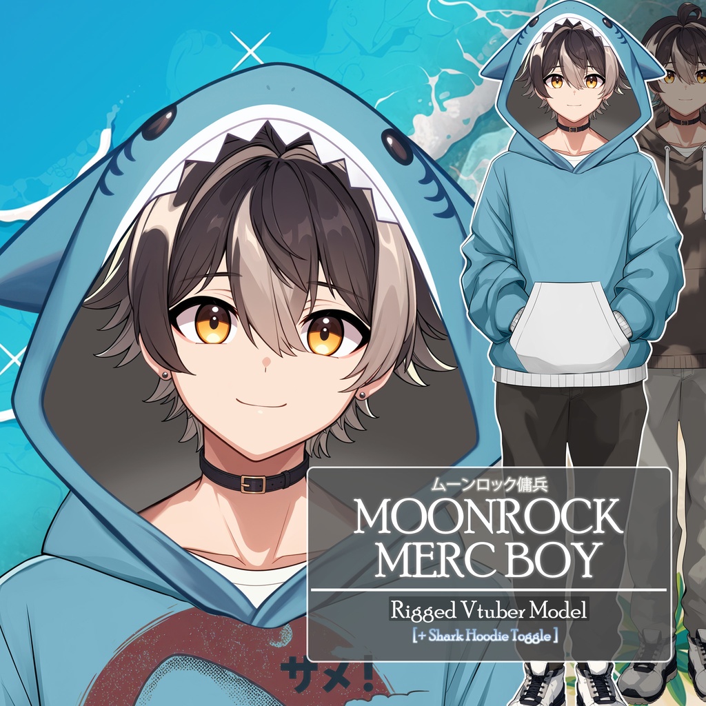 【Live2D】Moonrock Merc Boy Plus Shark Hoodie Outfit, Premade Live2D Male Vtuber, Rigged Vtuber Model, Instant Download, Free Commercial Use